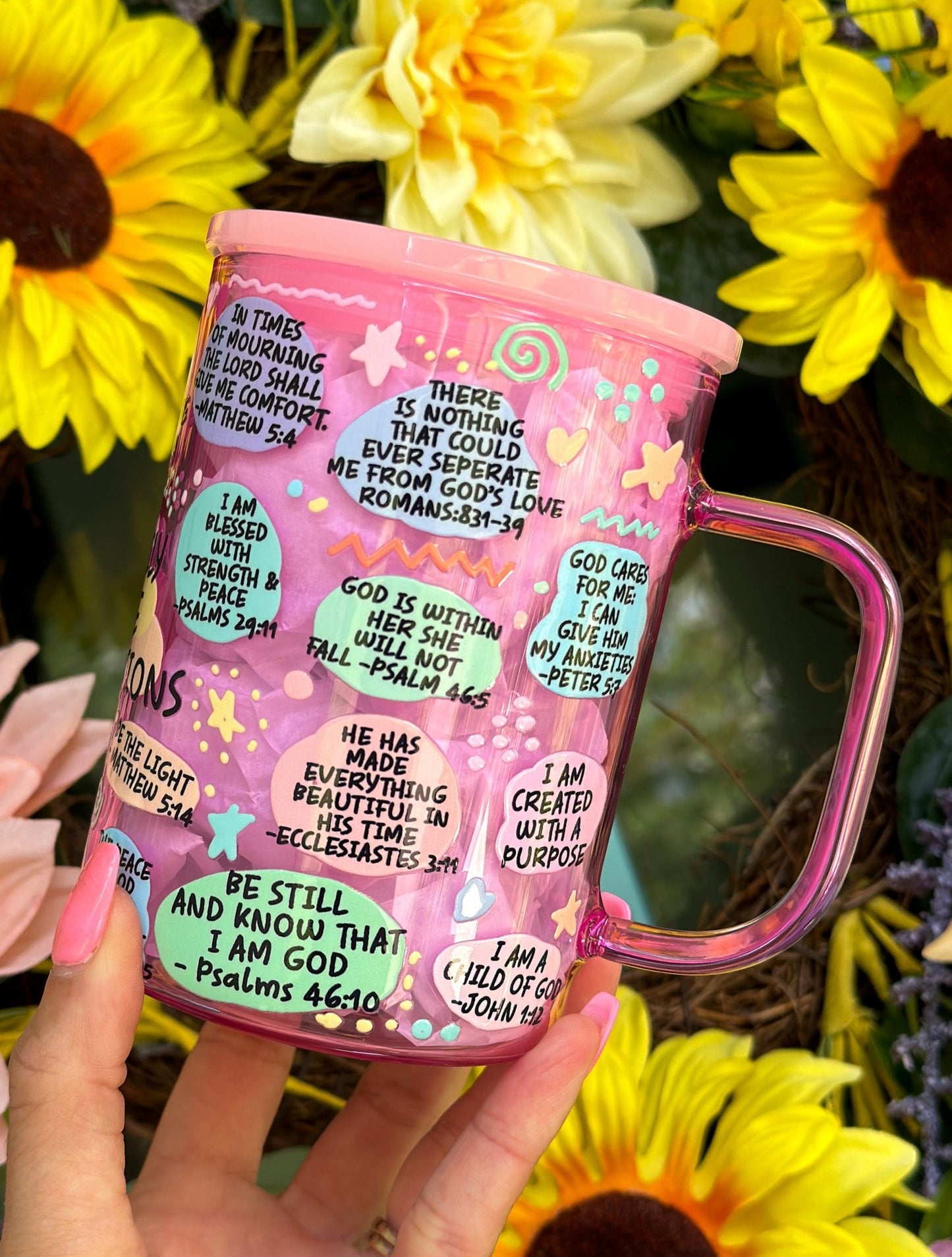 My Daily Bible Affirmations 17 oz Pink Glass Mug - Creative Sara Boutique