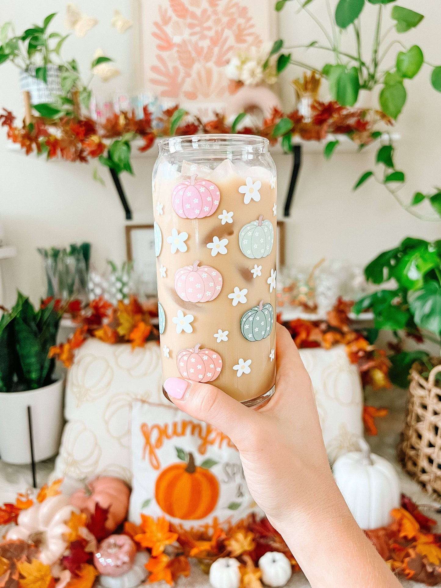 20oz Pastel Pumpkins Iced Coffee Beer Can Glass