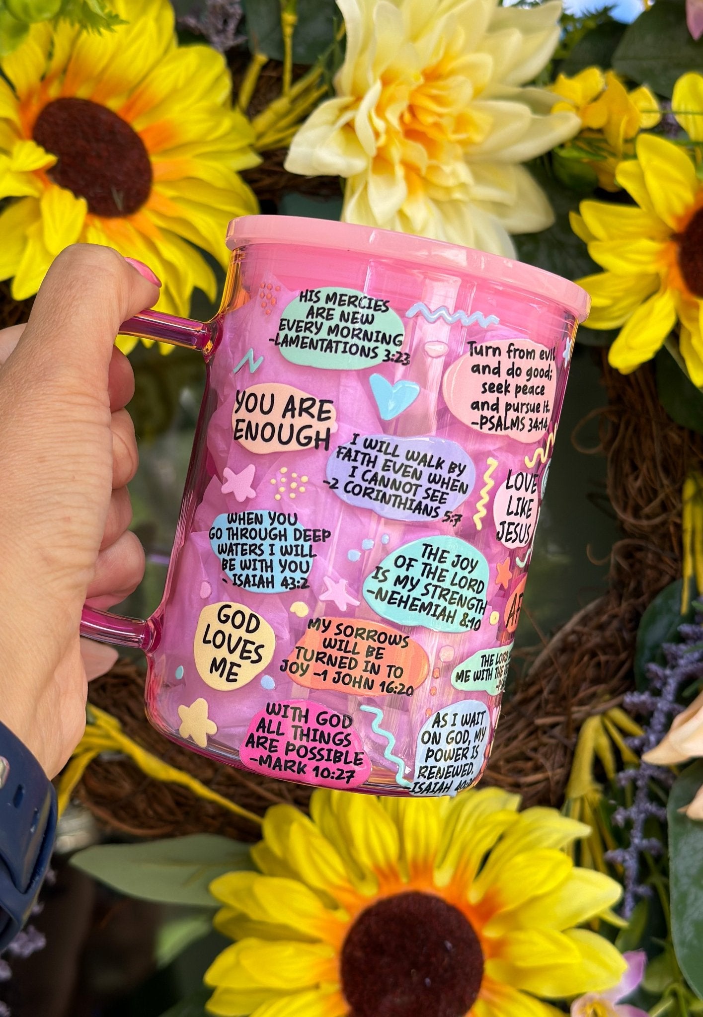 My Daily Bible Affirmations 17 oz Pink Glass Mug - Creative Sara Boutique