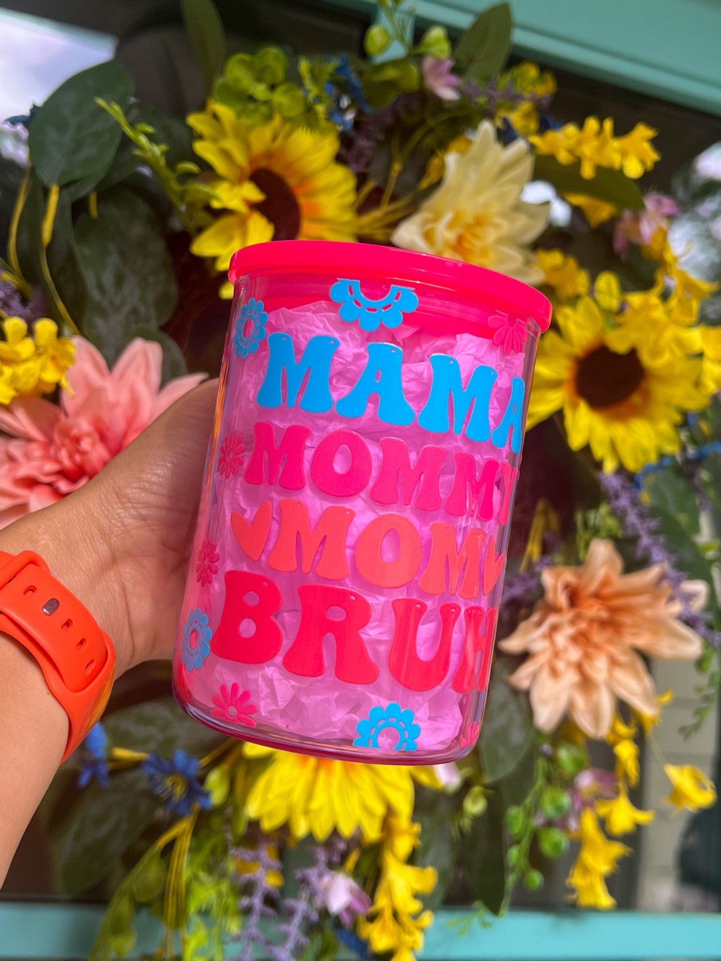 ‘Mama Mommy Mom Bruh’ 17 oz Pink Glass Mug - Creative Sara Boutique