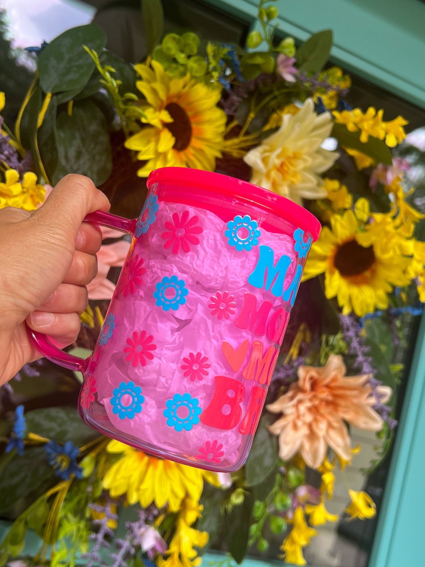 ‘Mama Mommy Mom Bruh’ 17 oz Pink Glass Mug - Creative Sara Boutique