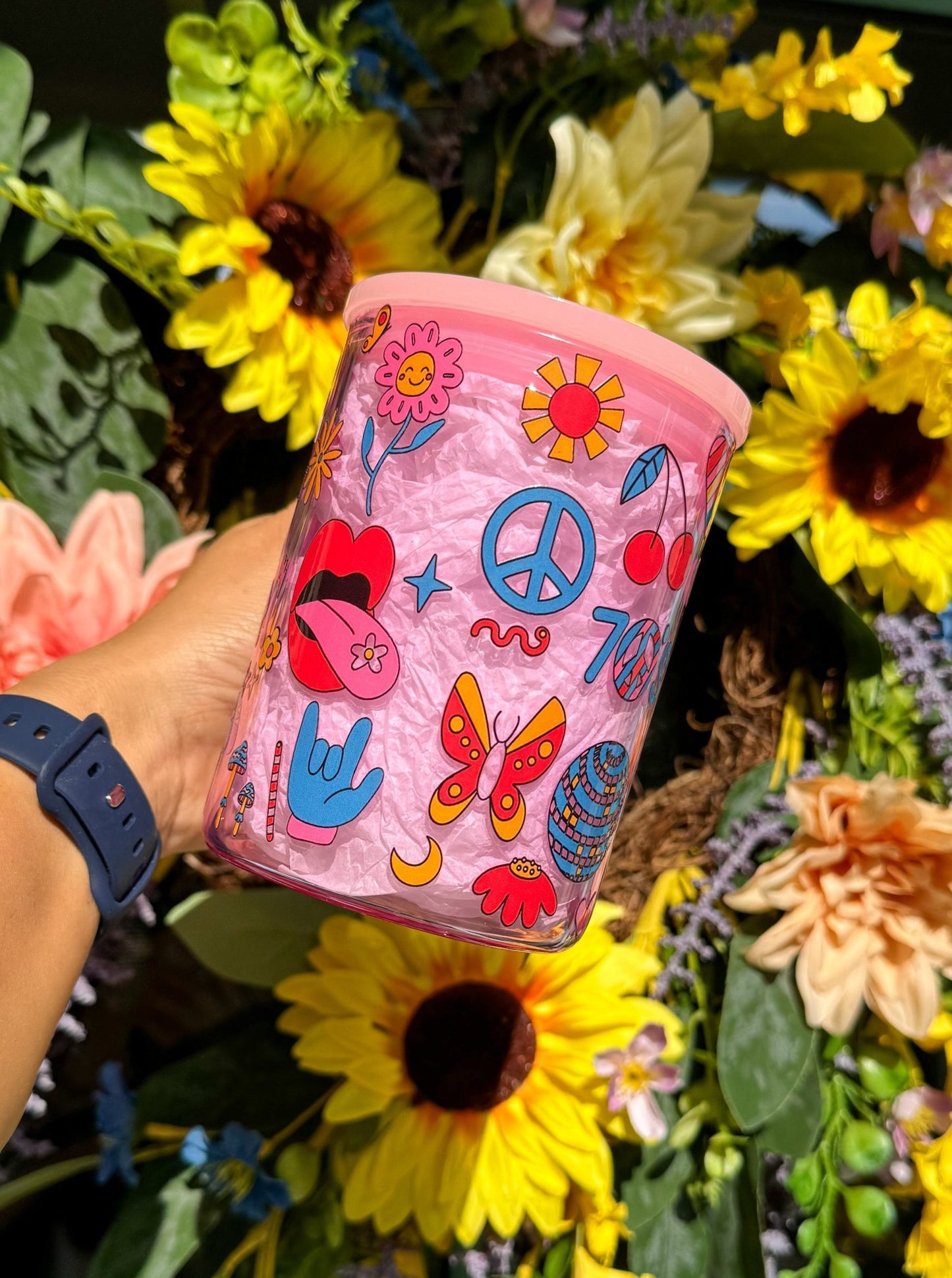 ‘70’s Good Vibes’ 17 oz Pink Glass Mug