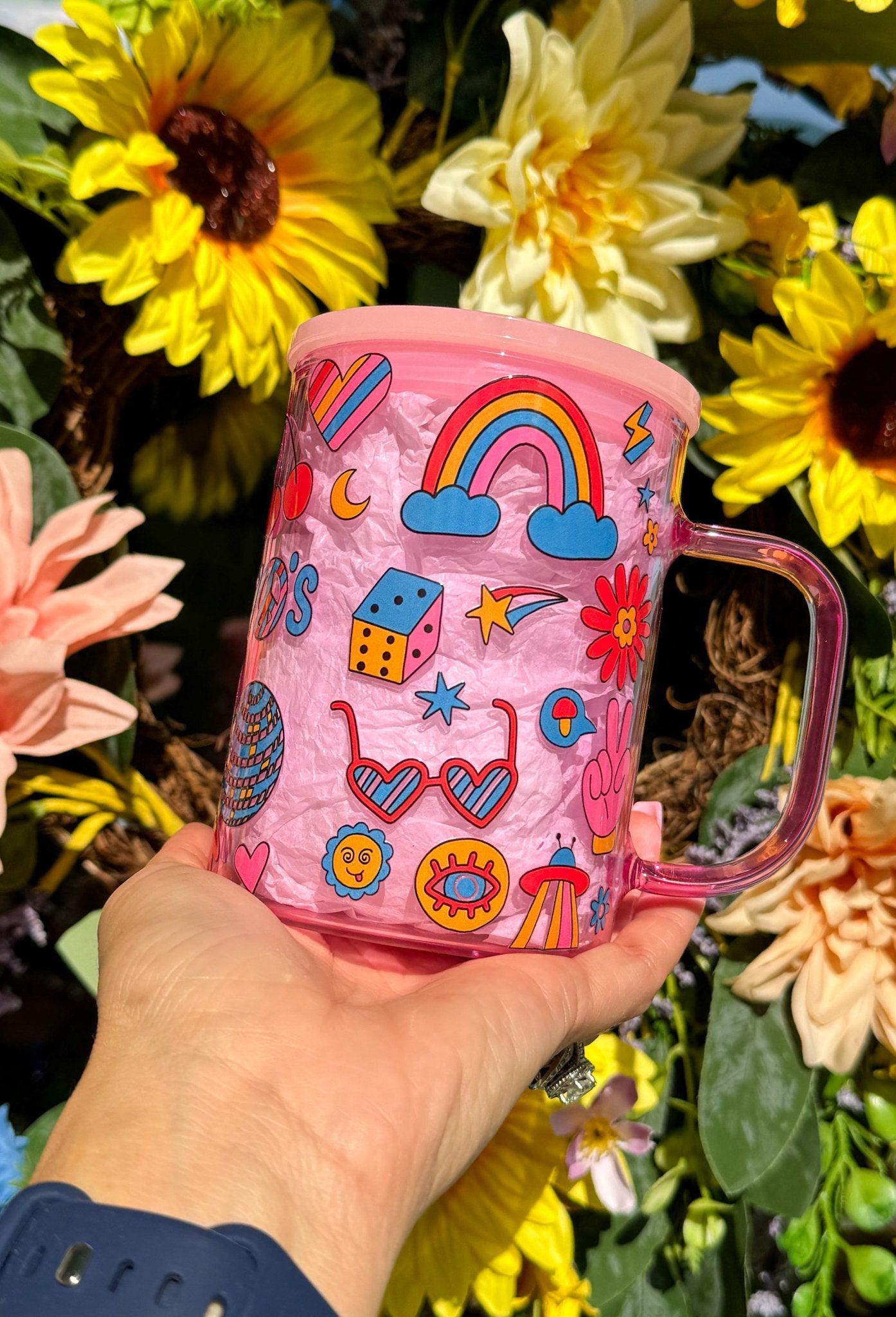 ‘70’s Good Vibes’ 17 oz Pink Glass Mug