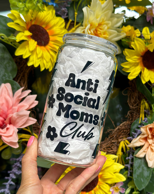 Anti Social Moms Club - Lightning Bolts 16oz Glass Can Cup