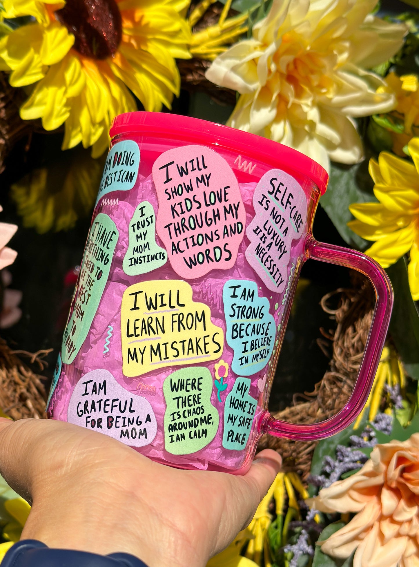 Mom Daily Affirmations 17 oz Pink Glass Mug