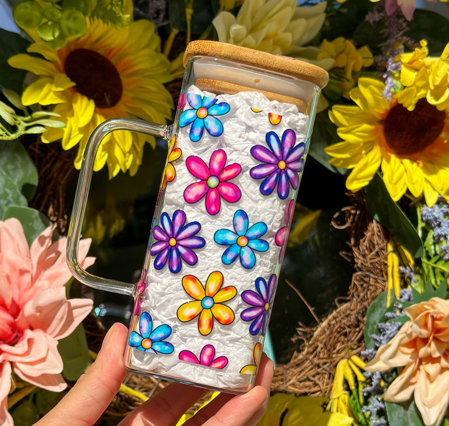 Bright Flowers 13 oz Glass Mug