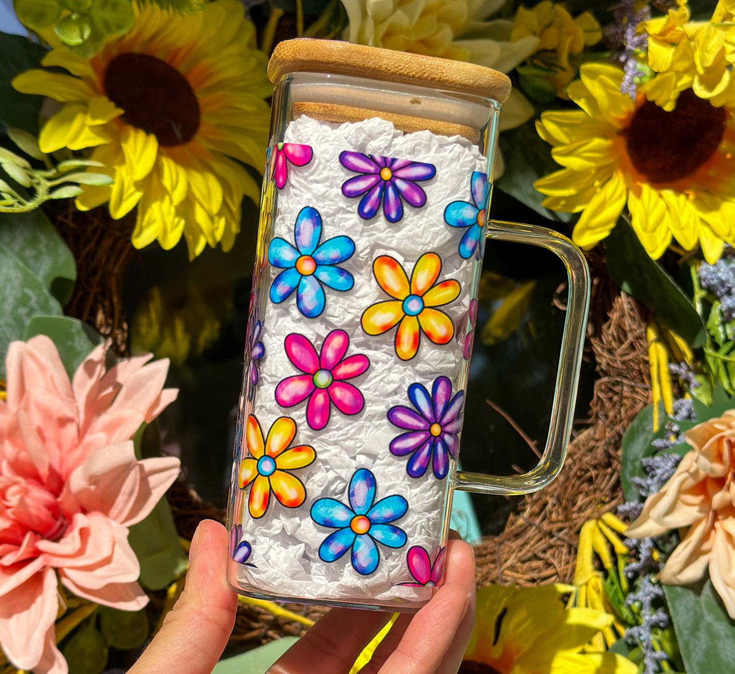 Bright Flowers 13 oz Glass Mug