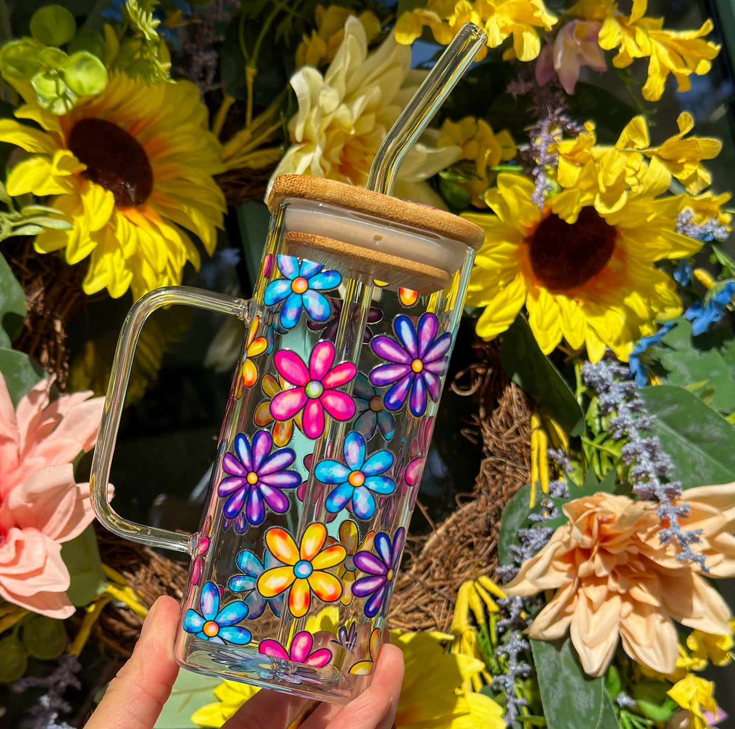 Bright Flowers 13 oz Glass Mug