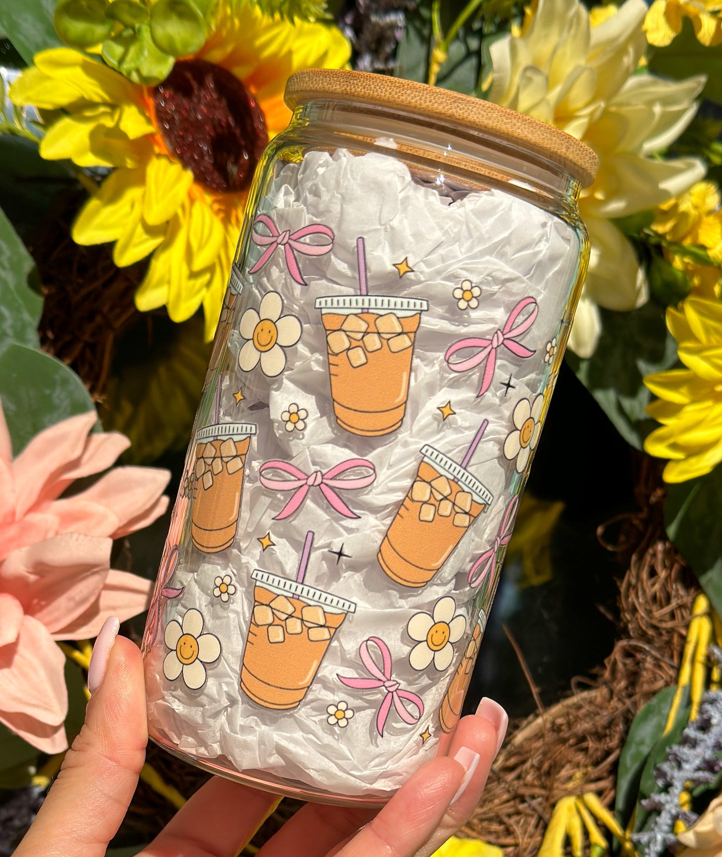 Iced Coffee Bows & Flowers 16oz Glass Can Cup