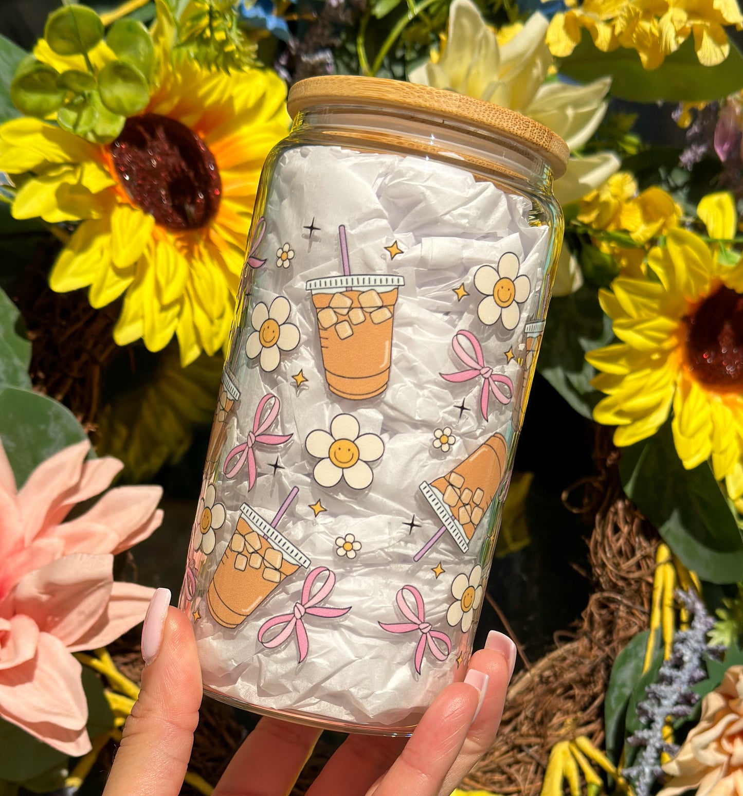 Iced Coffee Bows & Flowers 16oz Glass Can Cup