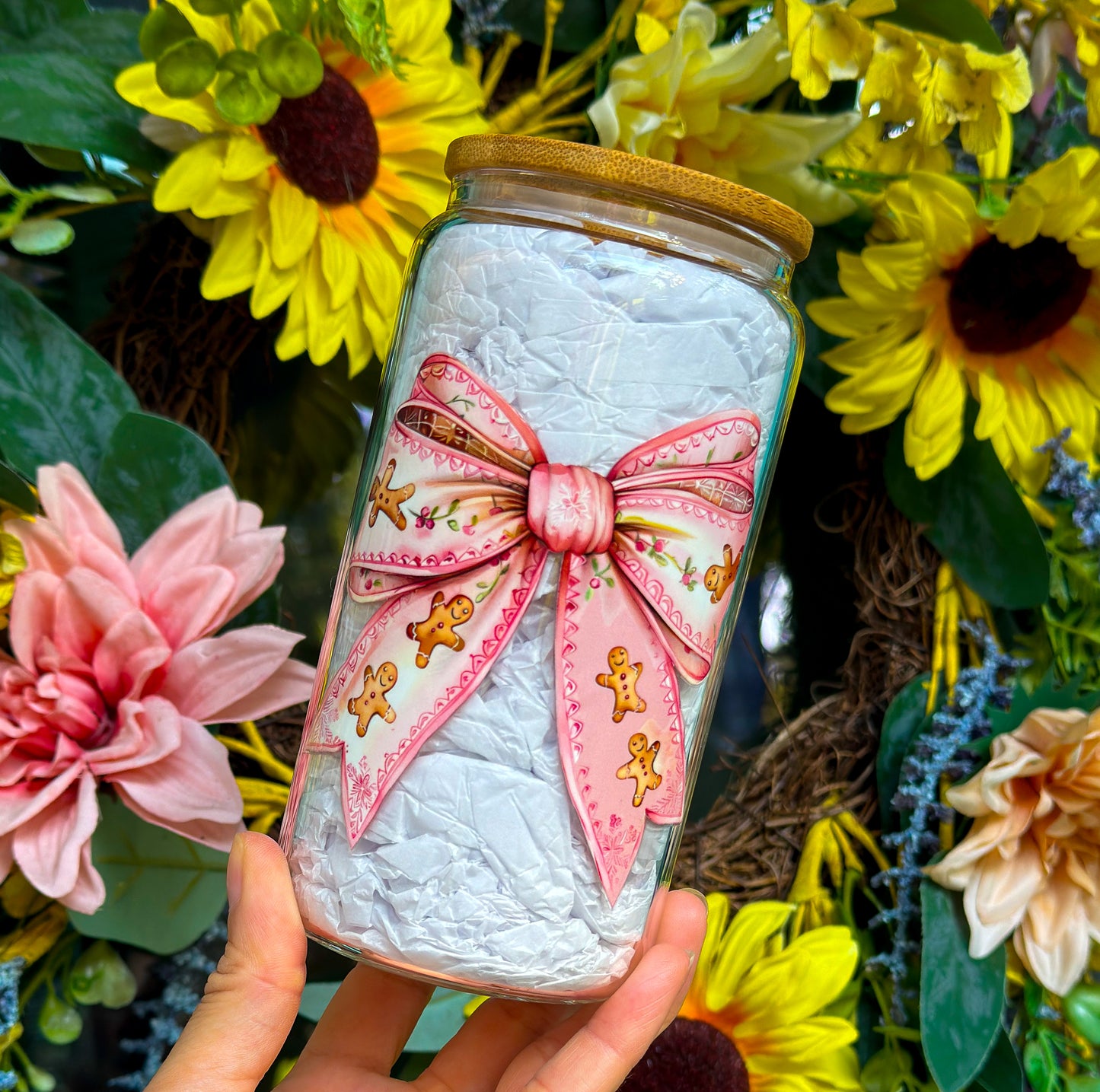 Pink Gingerbread Ribbon 16oz Glass Can Cup