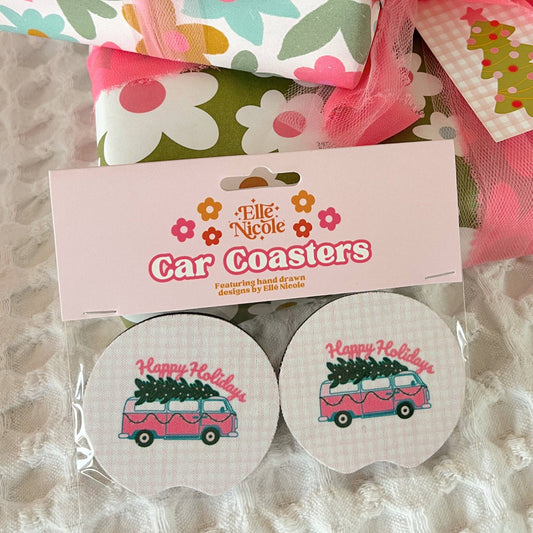 Car Cupholder Coasters - Happy Holiday Van